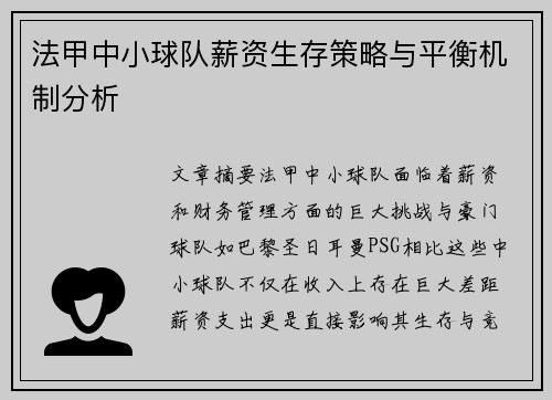 法甲中小球队薪资生存策略与平衡机制分析