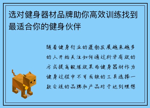 选对健身器材品牌助你高效训练找到最适合你的健身伙伴