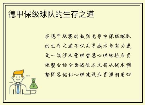 德甲保级球队的生存之道