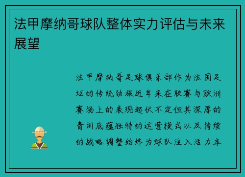 法甲摩纳哥球队整体实力评估与未来展望