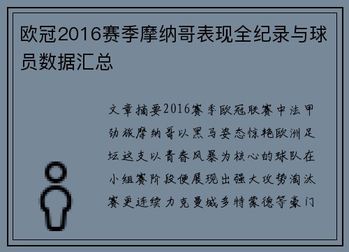 欧冠2016赛季摩纳哥表现全纪录与球员数据汇总